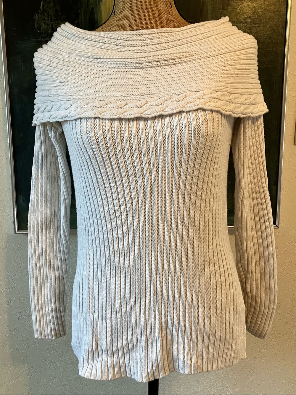 Michael Kors cream ribbed knit cotton sweater fold-over off-the-shoulder ecru S